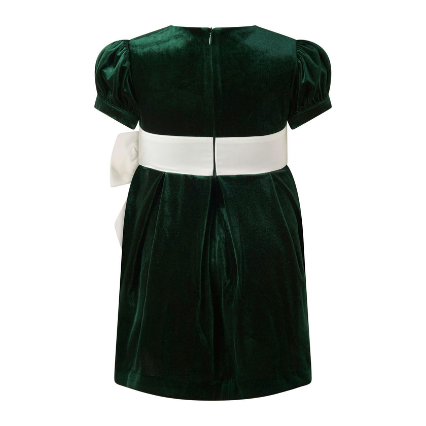 Baby Green Velvet Contrast Bow Dress