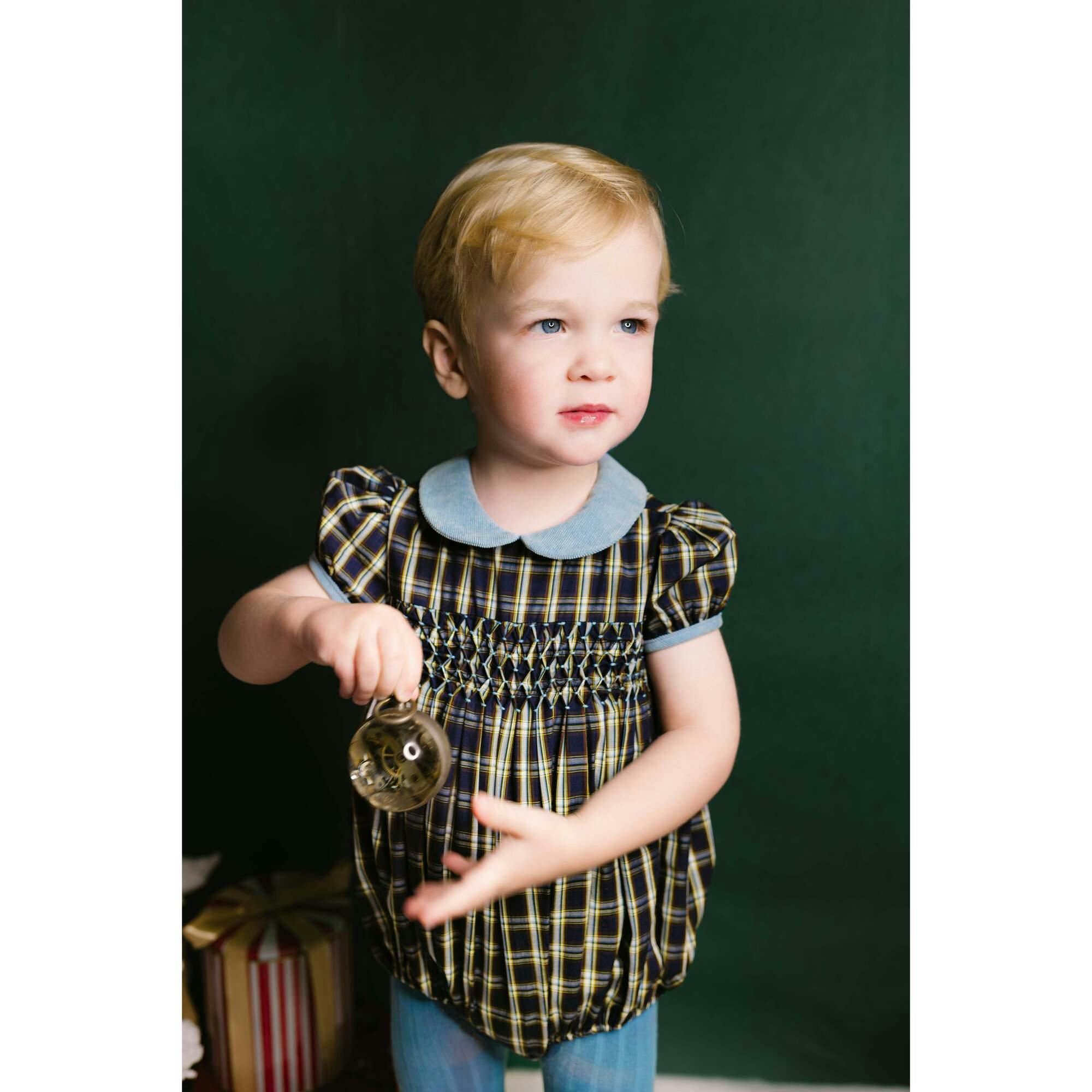 Angelica Navy Tartan Short Sleeve Smocked Bubble