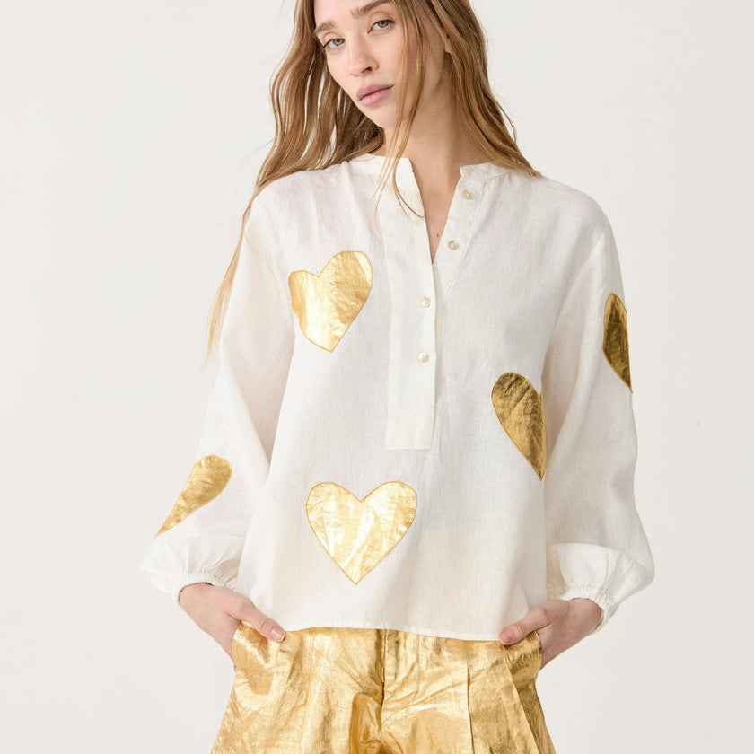 Cupid Linen Shirt - Off-White w/ Gold Hearts