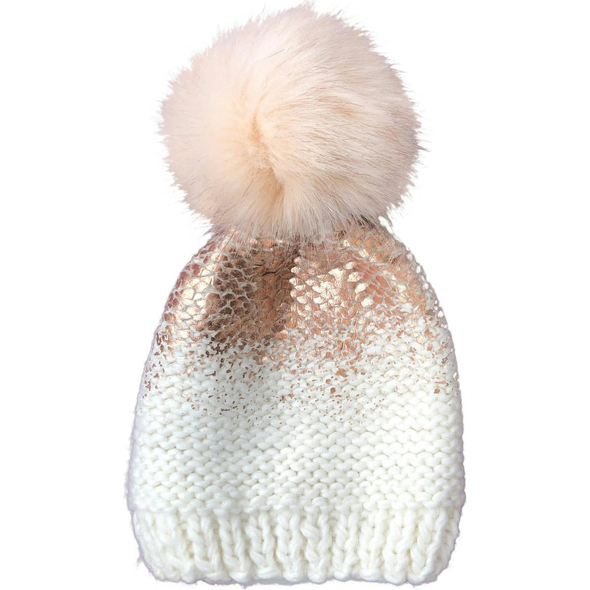 Pearl Metallic Hat with Fur Pom - Cream and Rose Gold