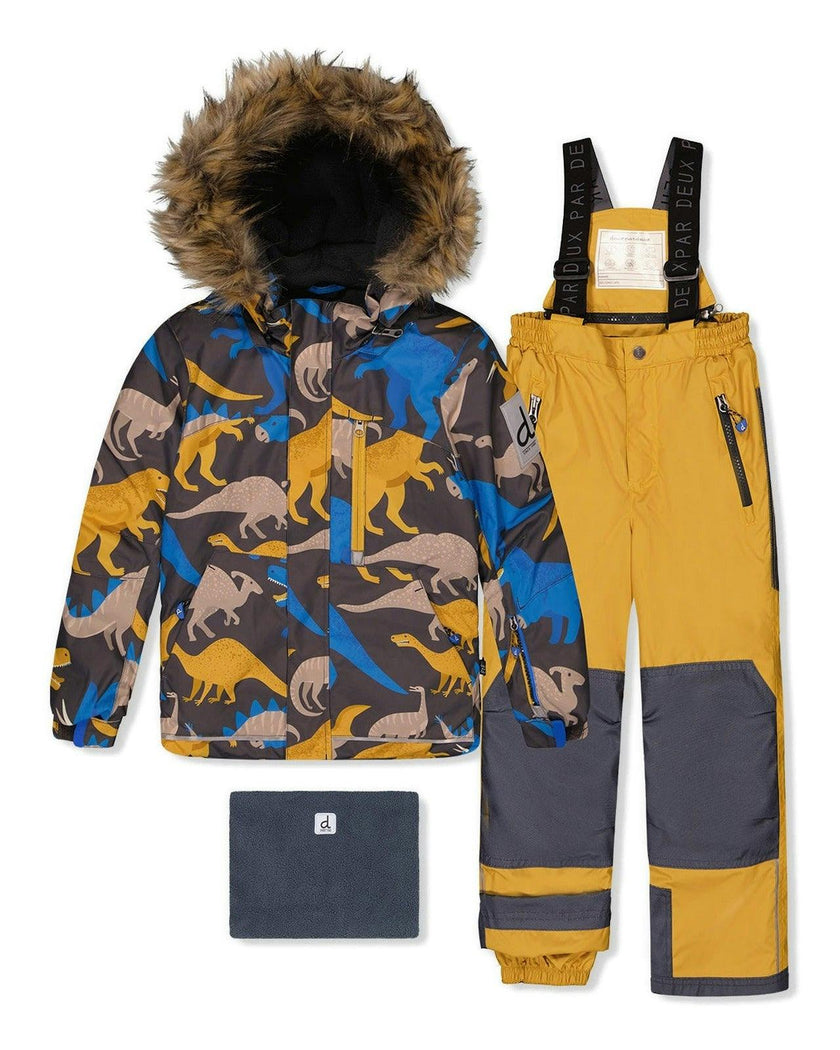 Two Piece Play Snowsuit Grey and Blue Dinosaur Print with Yellow Pants