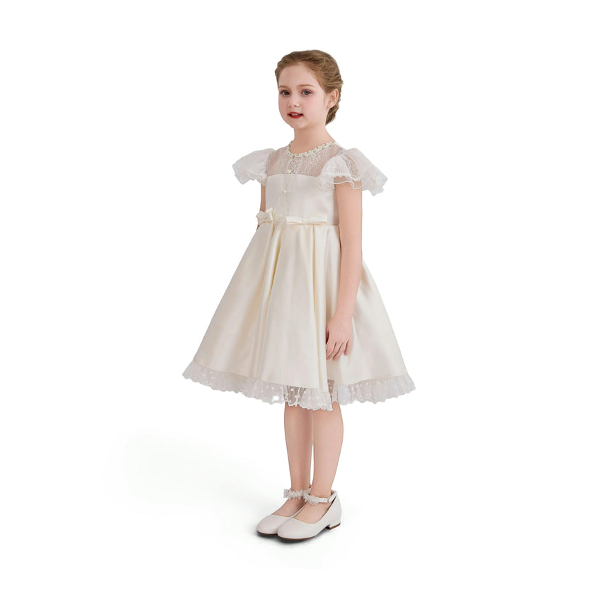 Ivory Riverelle Lace-Trim Puff Sleeve Dress