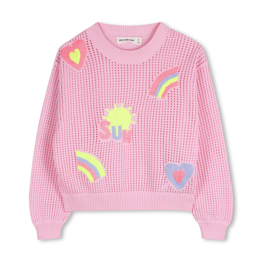 Pink Knit Sweater with Colorful Patches