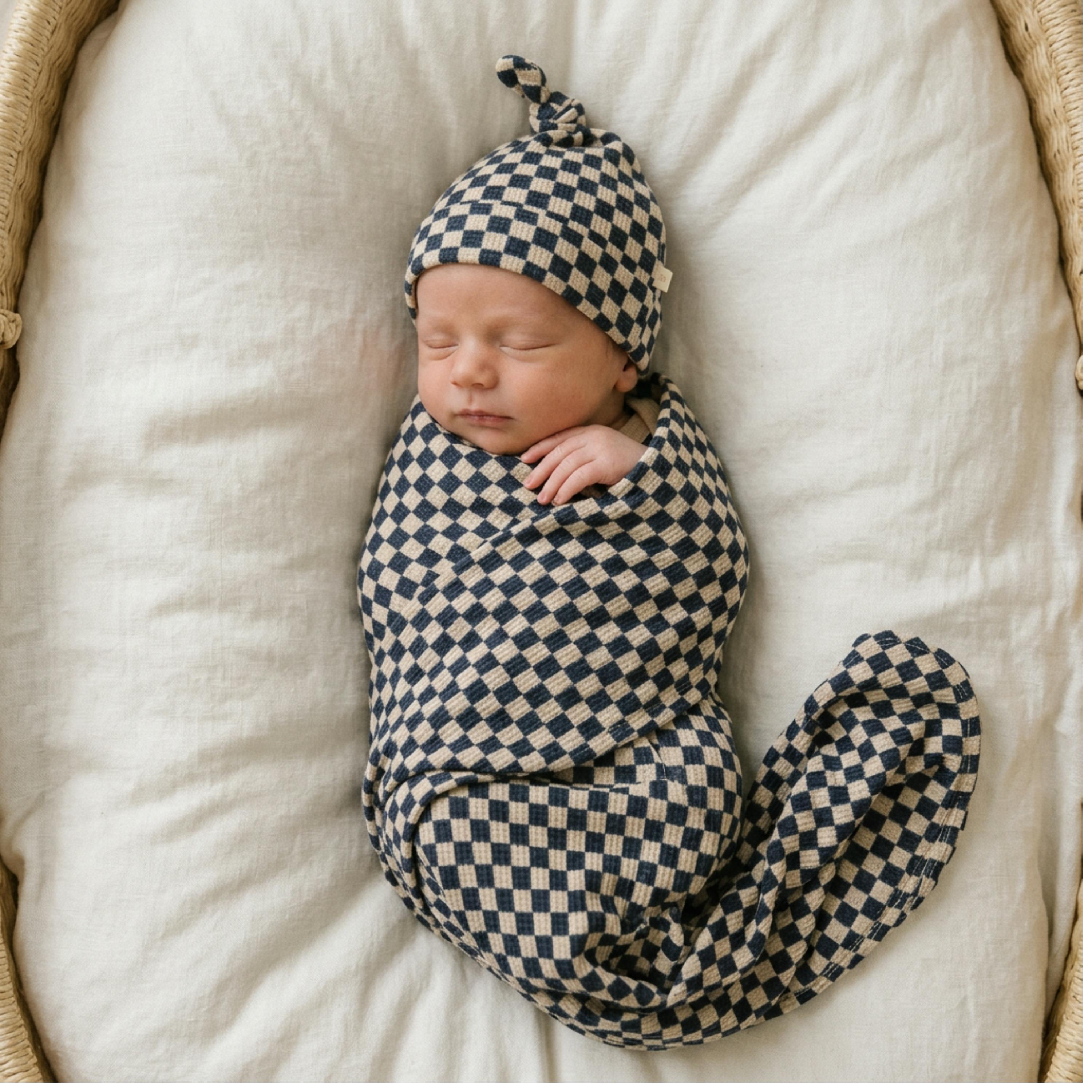Organic Swaddle Blanket & Hat Set - Midnight Check