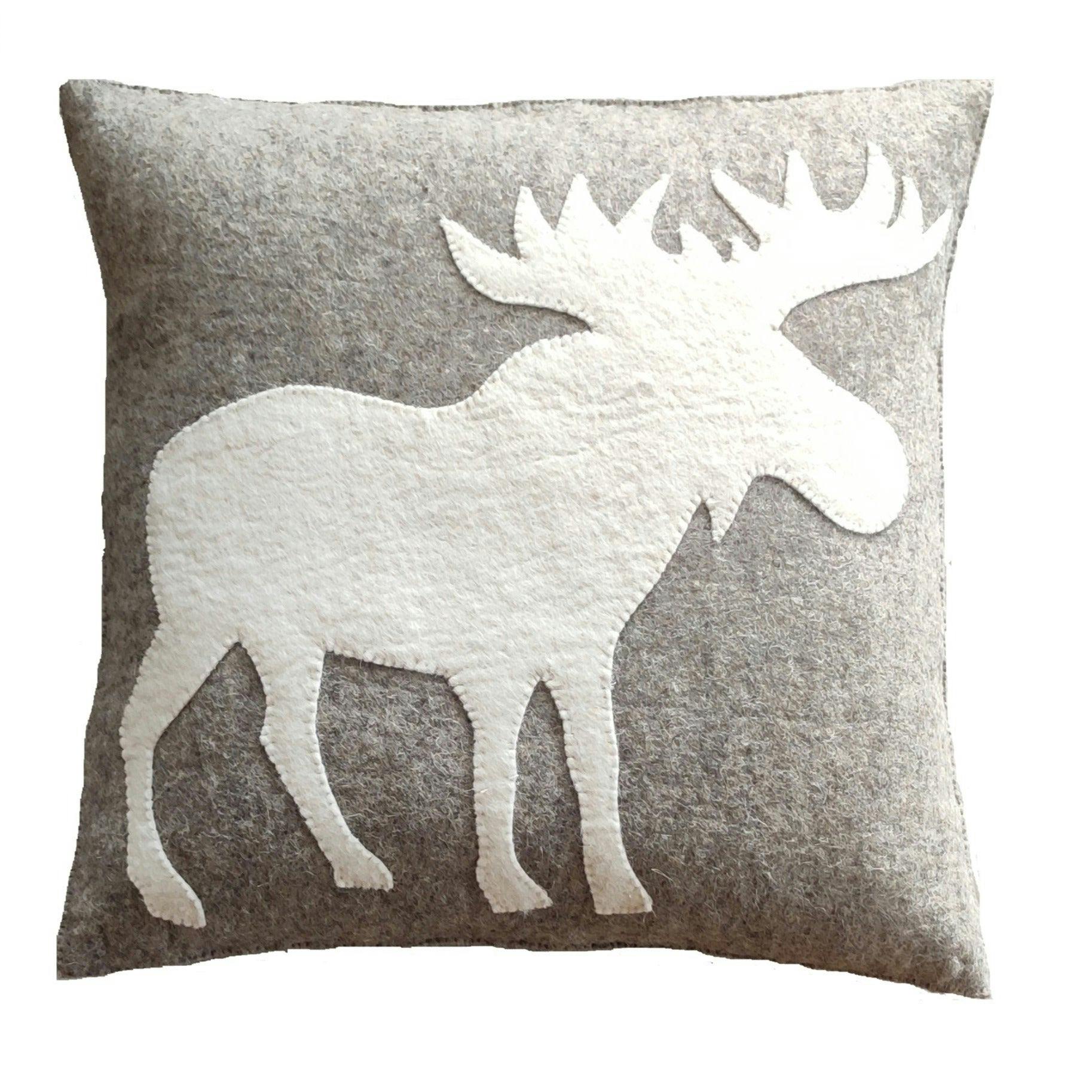Hand Felted Wool Pillow - Cream Moose Silhouette Gray - 20
