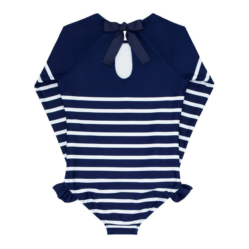 Breton Stripe Grosgrain Ribbon Back Tie One-Piece Rashguard