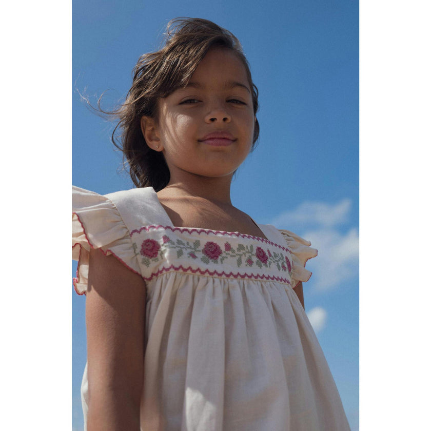 Dress Eden With Cross-Stitch Embroidery In, Beige