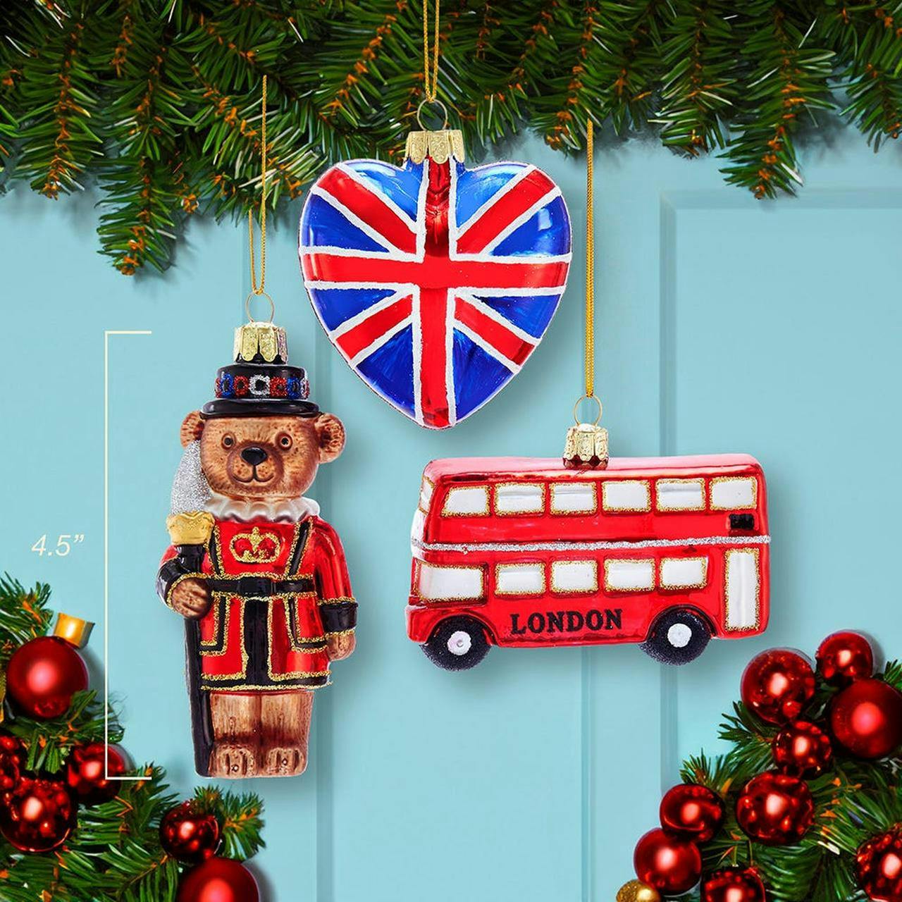 Kurt Adler 4.5-Inch Britain Inspired Glass Ornaments, Set of 3