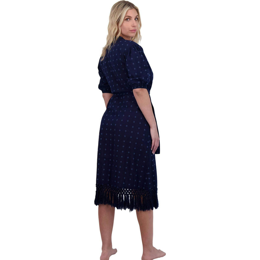 Estelle Women's Fringed Shirtdress Navy Turquoise Swiss Dot, Blue