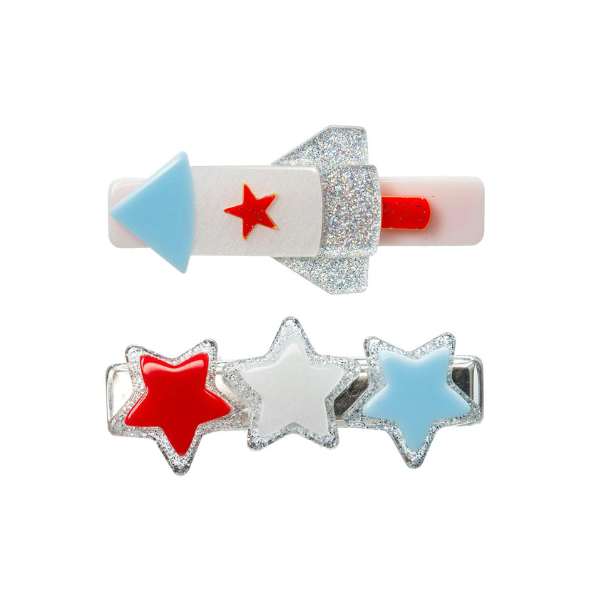 Rocket and Stars Blue White Red Hair Clips -SUM