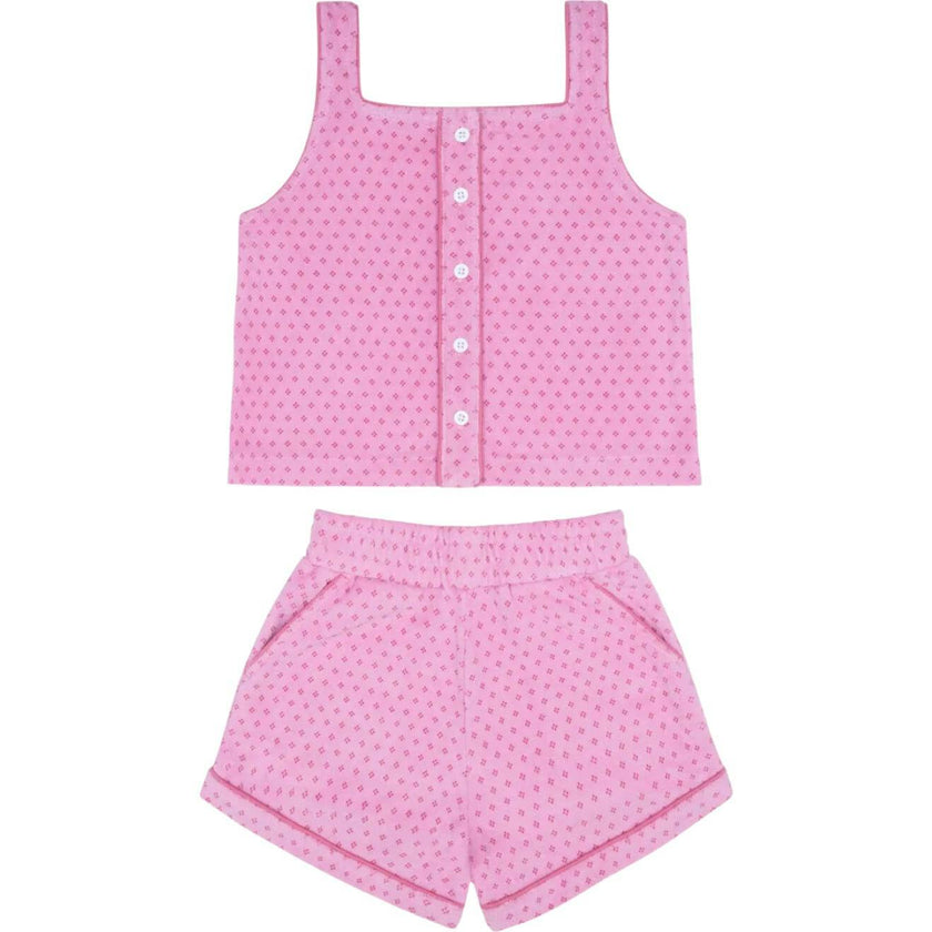 girls blush dot french terry button tank and short set
