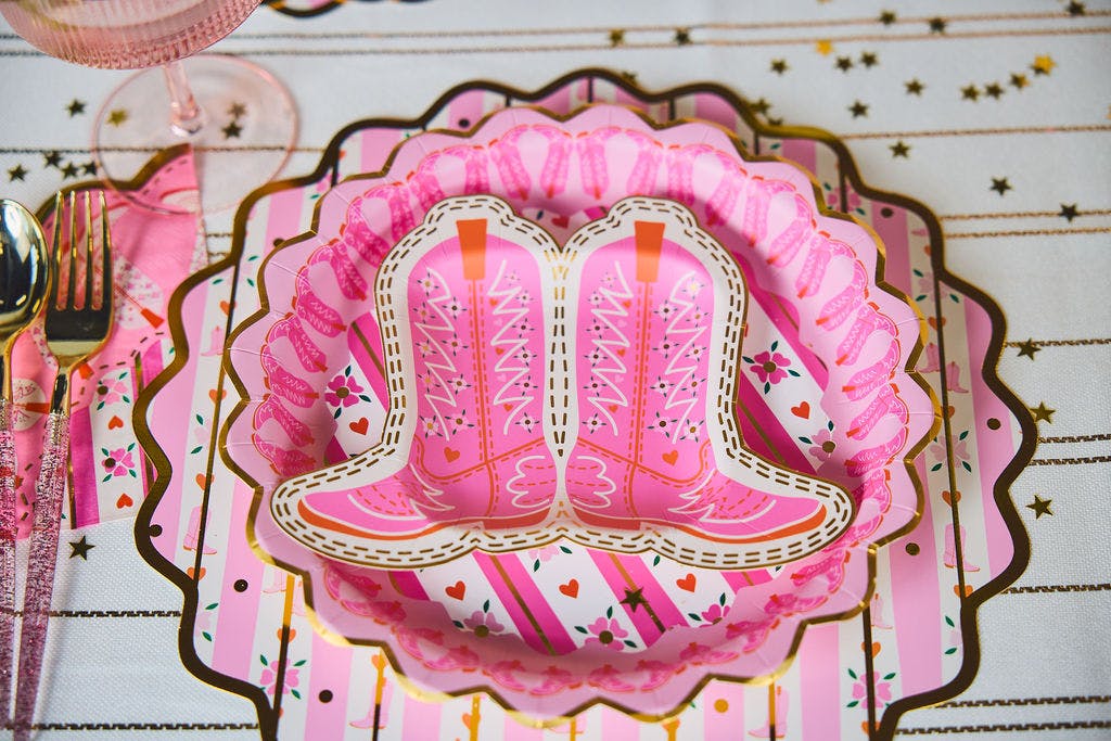 Packed Party Cowboy Boot Die-Cut Paper Dessert Plates 10ct - Gold Foil Pink Boot-Shaped Party Plates, 8 Inch, High Quality 350 GSM