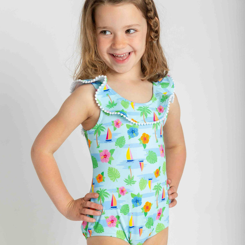 Tropical Print Ruffle Neck Swimsuit