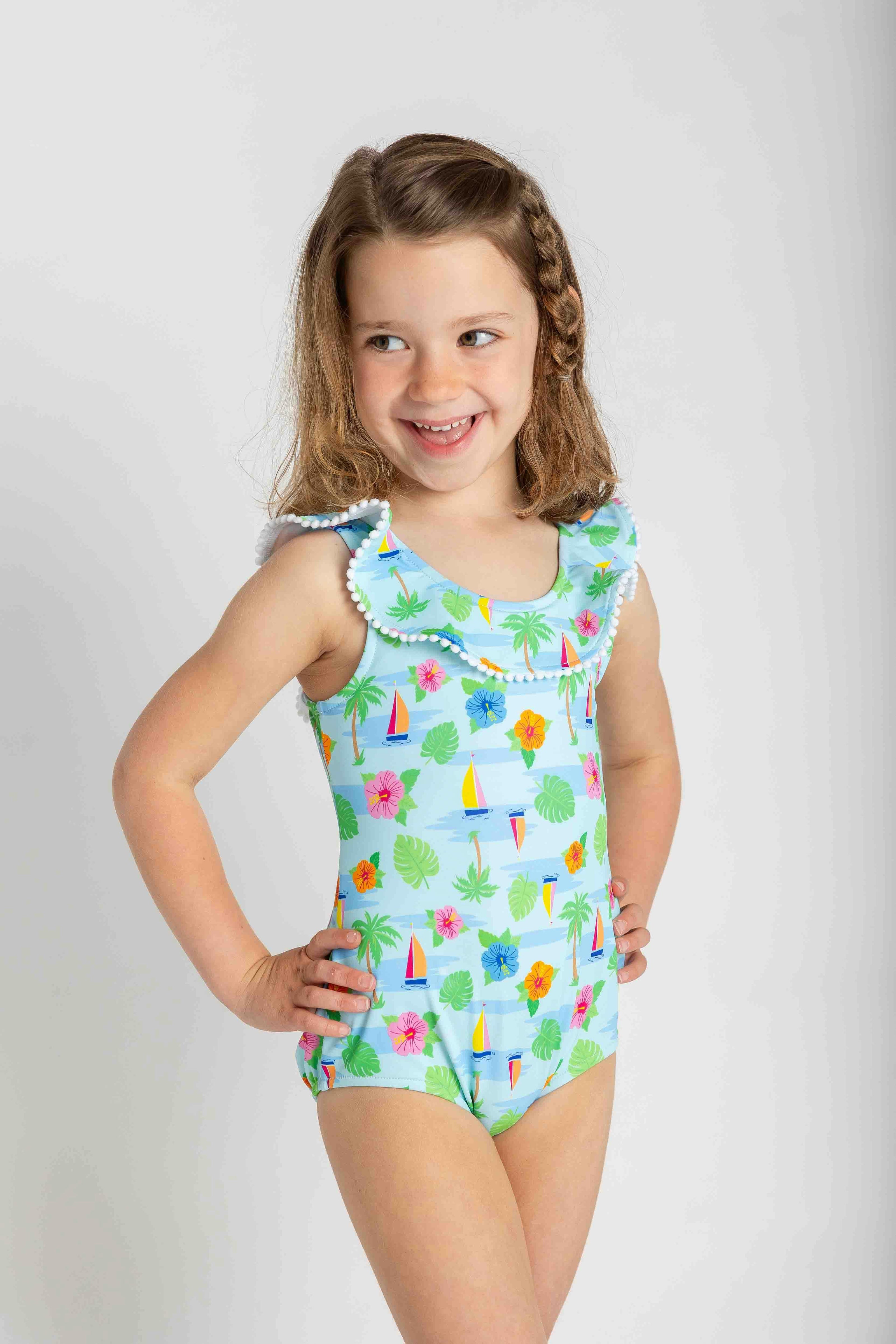 Tropical Print Ruffle Neck Swimsuit
