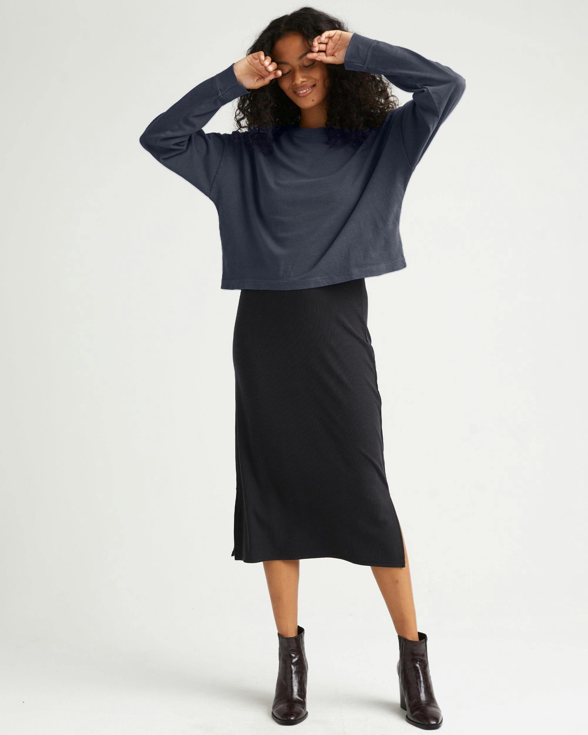 Womens Relaxed Crop Long Sleeve Tee - Pigment Dye Jersey - Blue Steel