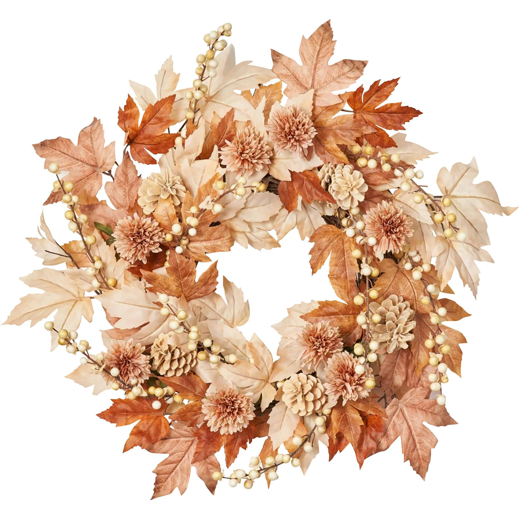 Natural Elegance - Autumn Brown Cream Maple Leaf & Berry with Mini Cafe Au Lait Mums Fall Front Door Wreath