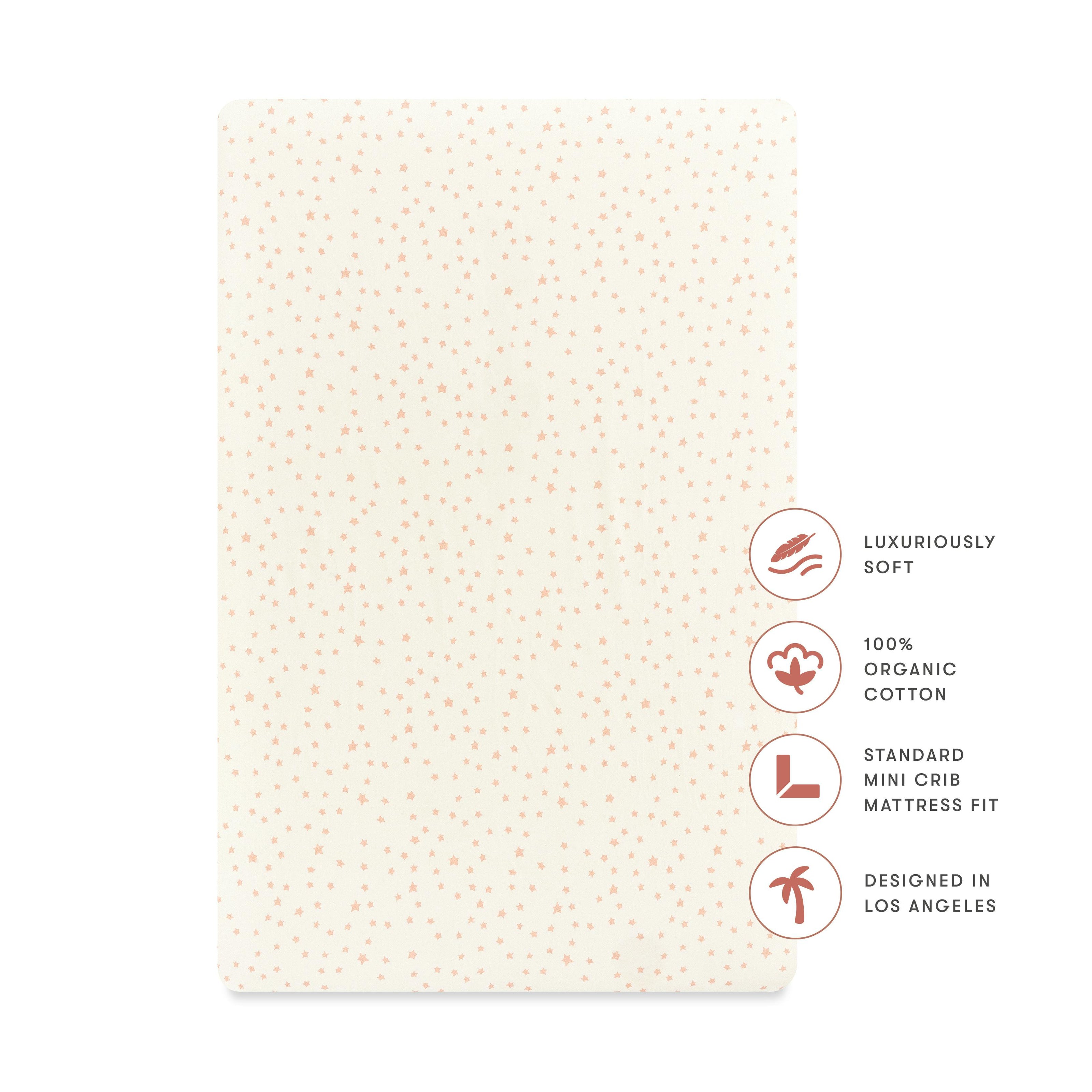 Mini Crib Sheet in GOTS Certified Organic Brushed Cotton in Ivory with Dusty Rose Stars