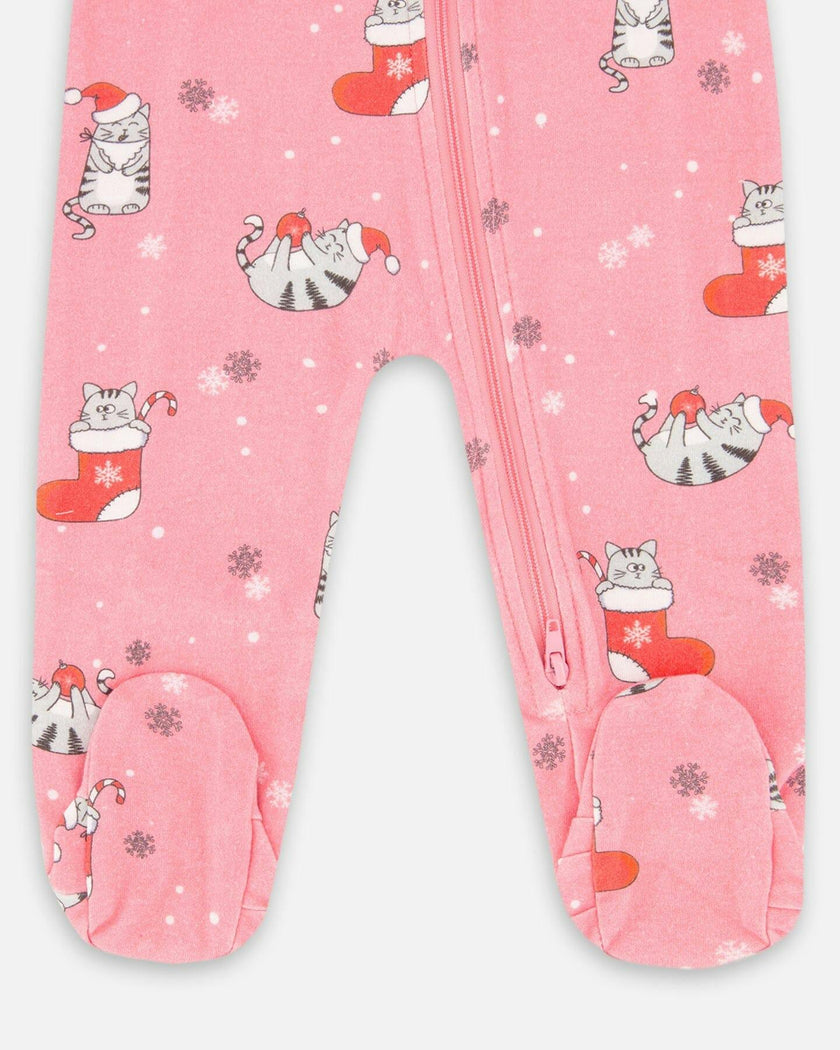 One-Piece Organic Cotton Pajama Pink Cat Print