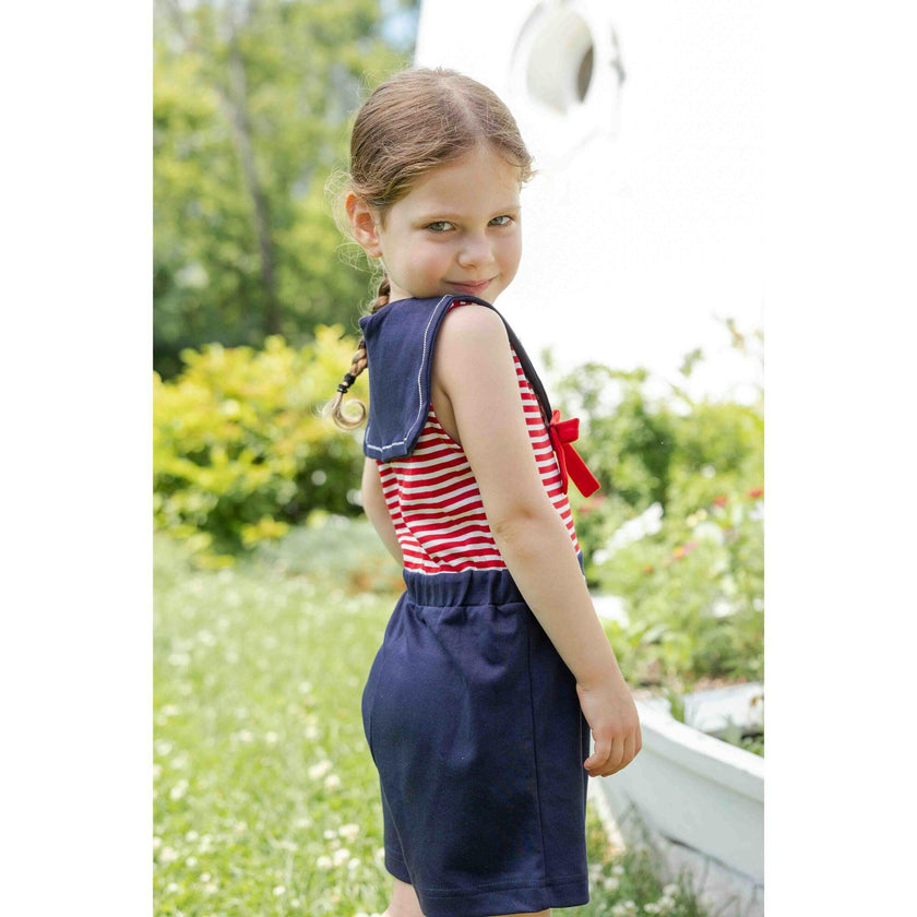 Stripe Knit Shorts Romper With Sailor Collar