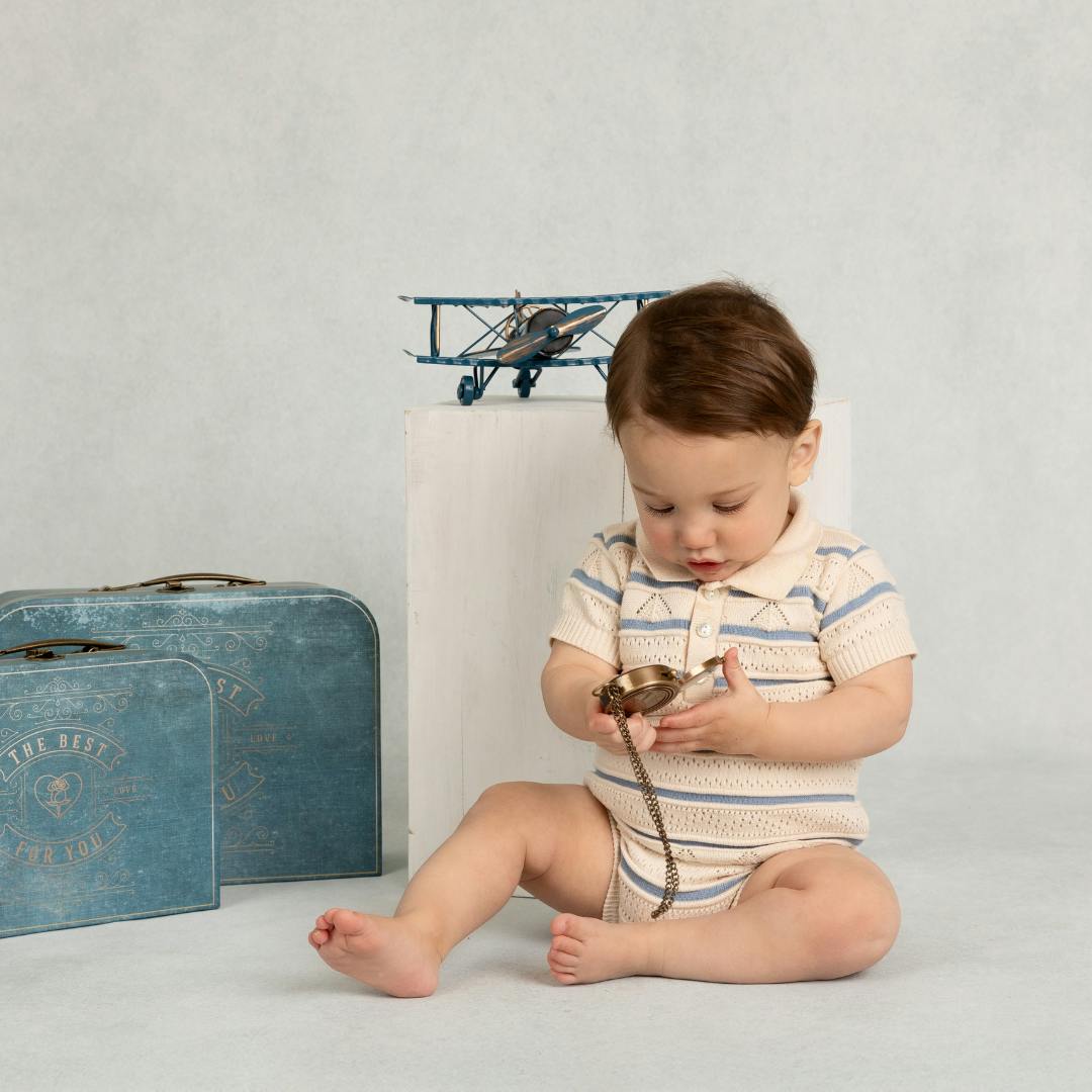 Boys Pointelle Striped Knit Romper Ecru