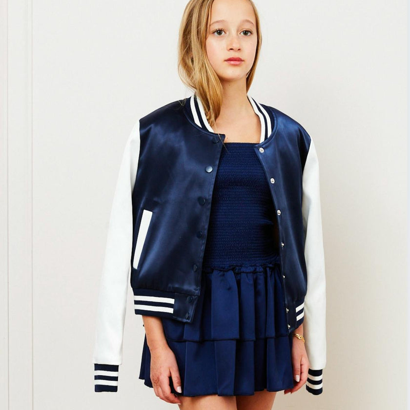 Valley Satin Varsity Jacket Navy & White