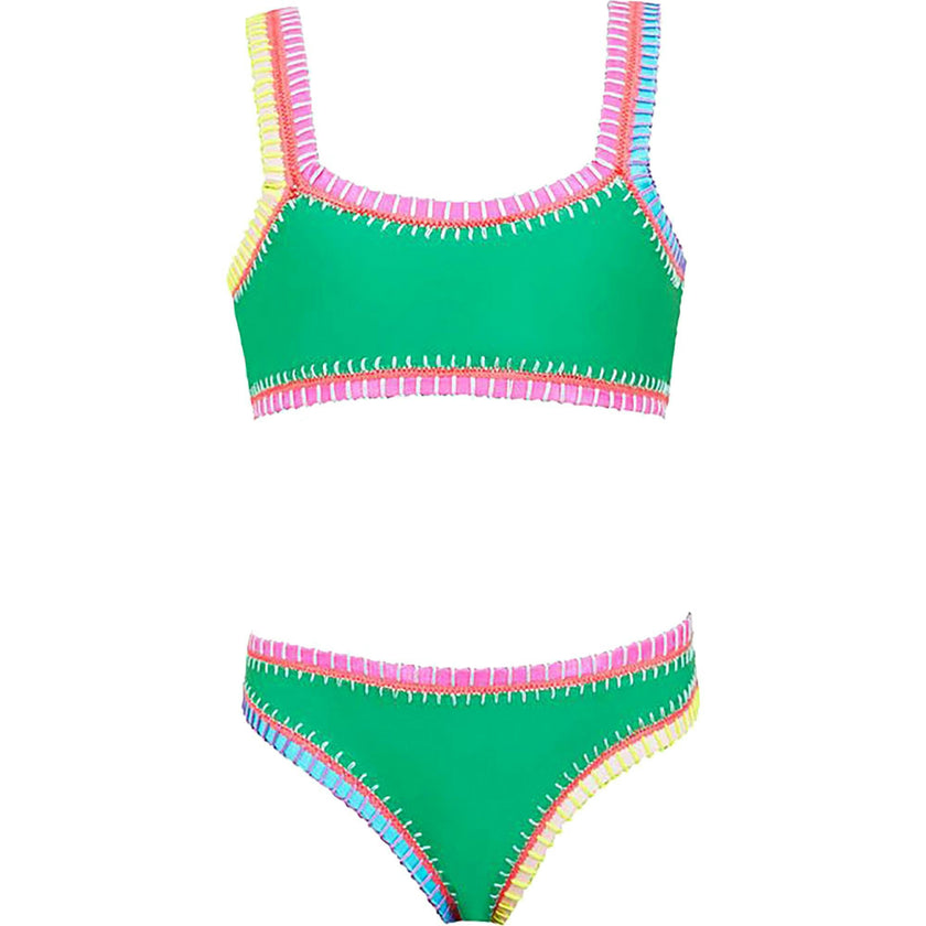 Sporty Rainbow Embroidered Two-Piece Bikini, Green
