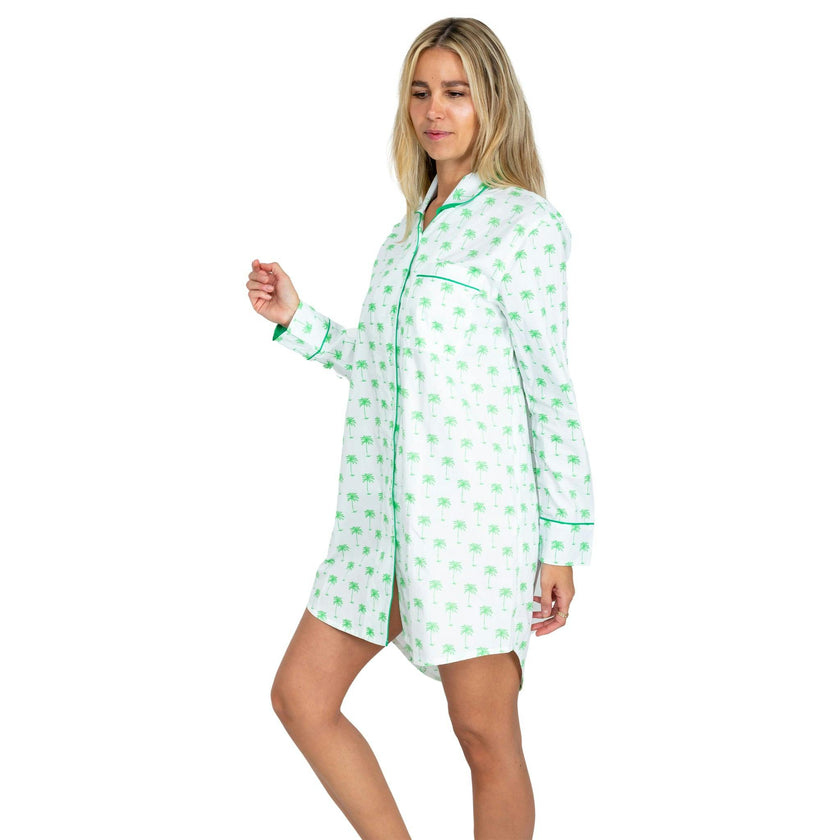 Women's Green Palm Tree Night Shirt - Organic Cotton Poplin