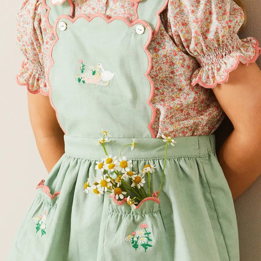Duck Embroidered Scallop Detail Skirt With Braces in Green (18mths-6yrs)