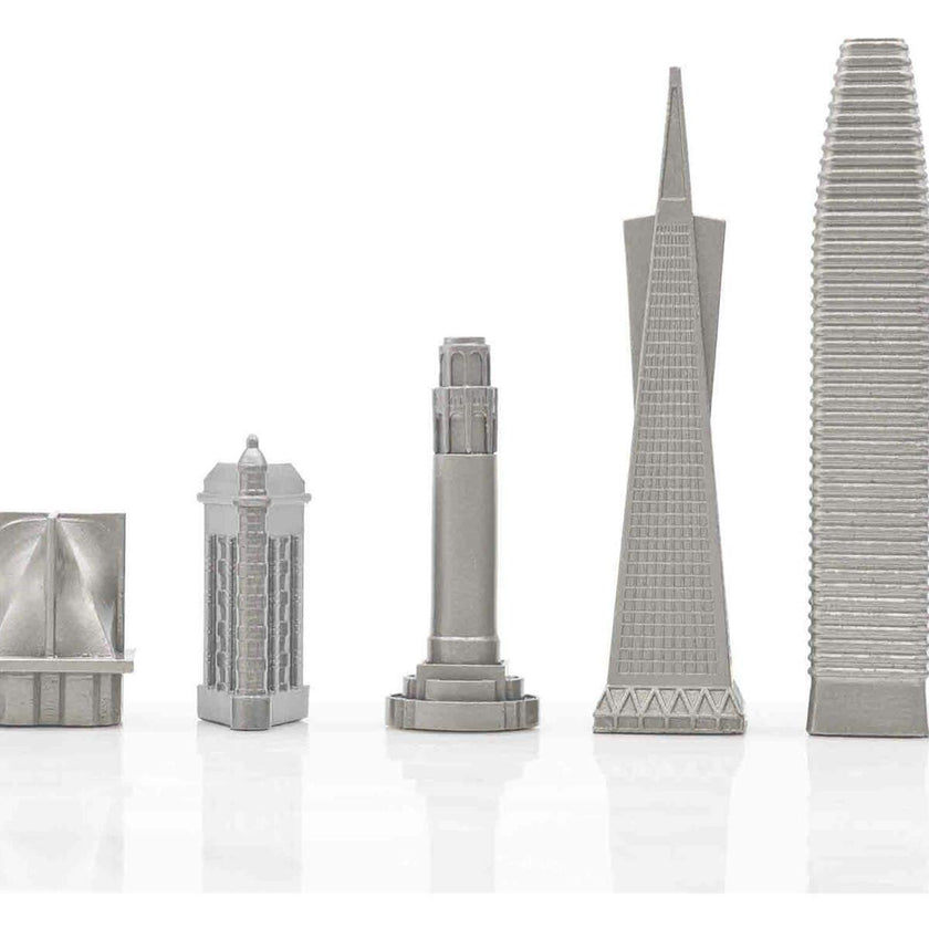 Chess Set Stainless Steel SAN FRANCISCO with Wood Map Board