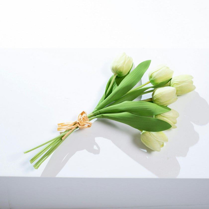 Real Touch White Tulip Faux Floral Everyday Spring Water Illusion Arrangement in Glass Teardrop Vase - Available in Multiple Colors