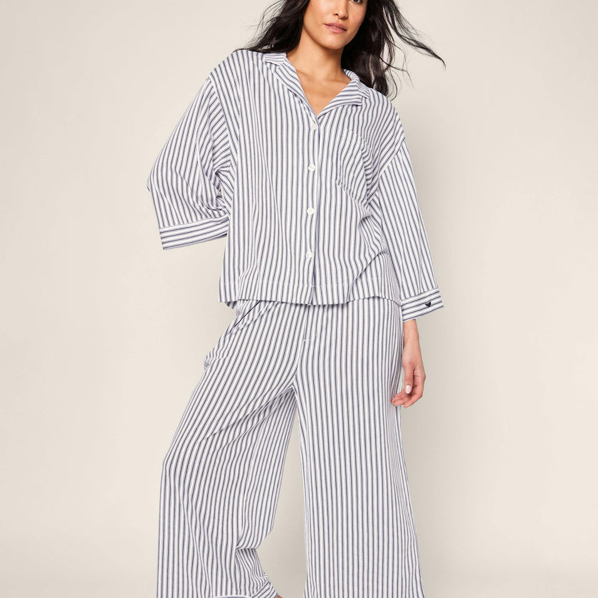 The Olivia Wide Leg Pima Pajama Set in Navy French Ticking