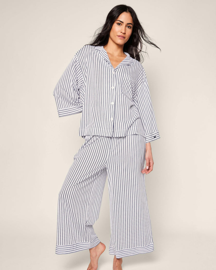 The Olivia Wide Leg Pima Pajama Set in Navy French Ticking