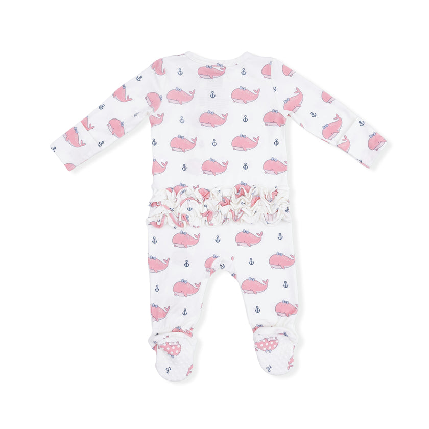 Bubbly Whale with Bow  Pink - 2 Way Ruffle Back Zipper Footie