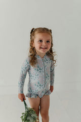 Girls One-Piece Ruffle Rash Guard Swimsuit in Makeup