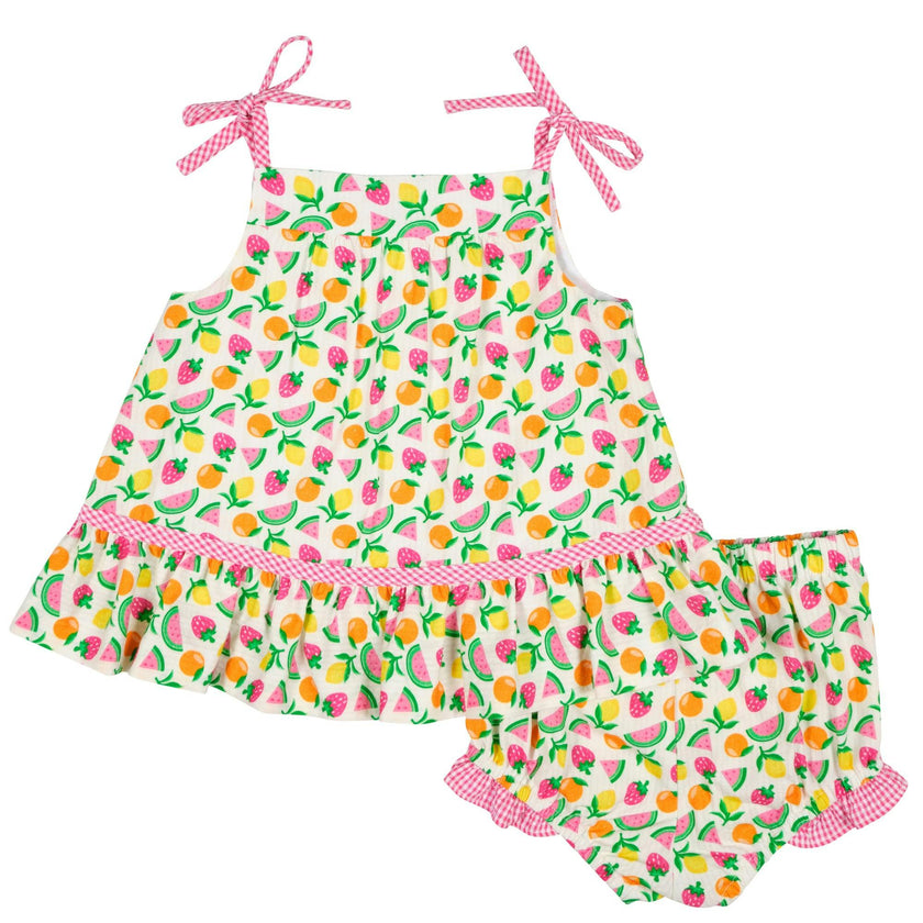 Printed Seersucker Dress & Bloomer With Fruit