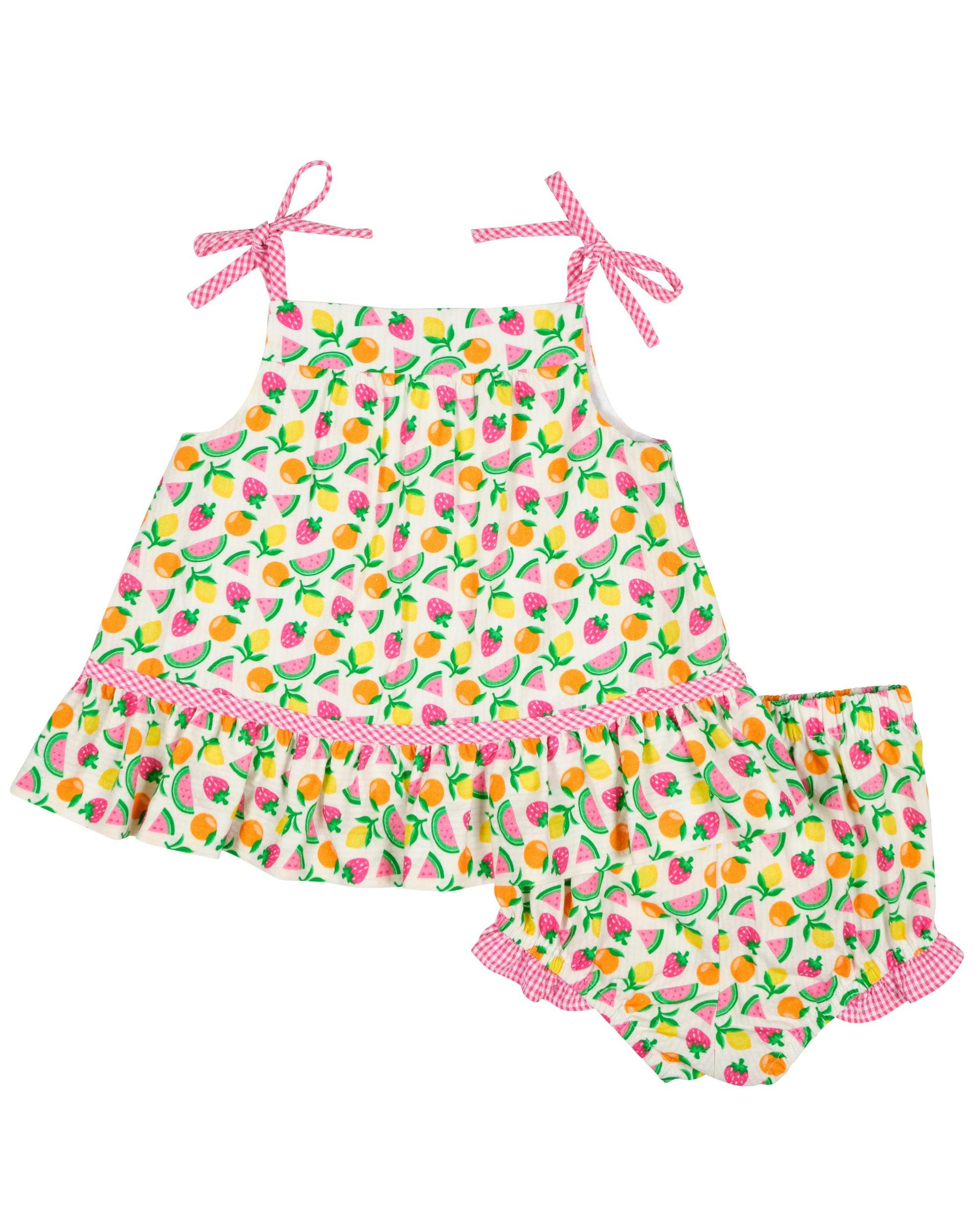 Printed Seersucker Dress & Bloomer With Fruit