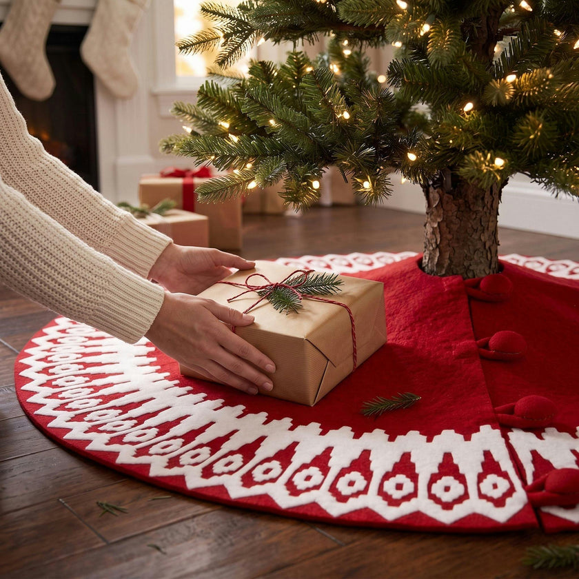 Handmade Scandinavian Design Felt Christmas Tree Skirt Red 60"