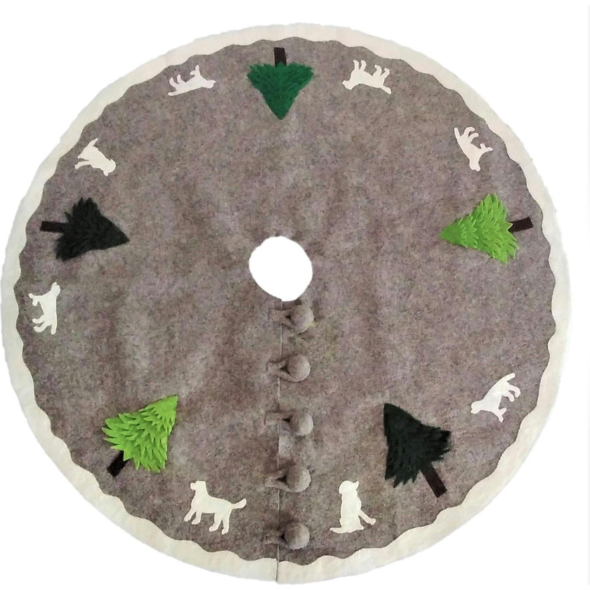 Hand Felted Wool Dogs and Trees Gray XL Christmas Tree Skirt 72"