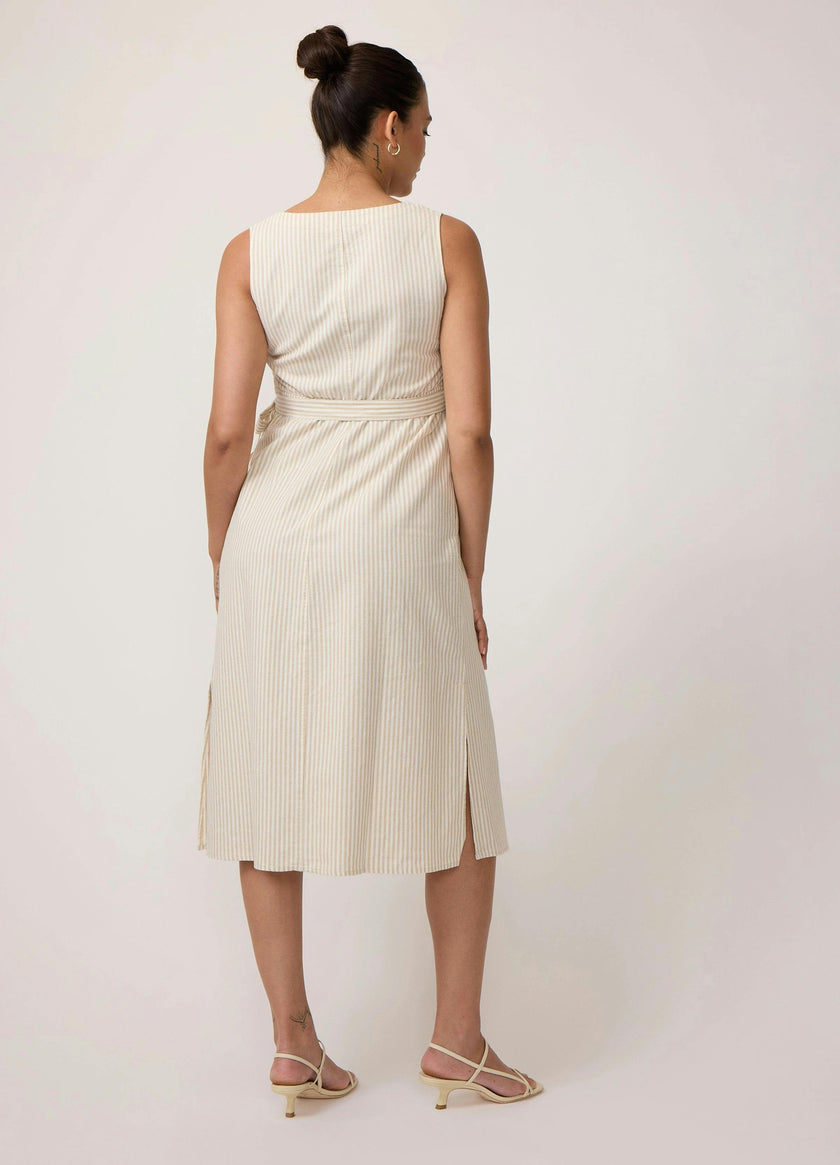 Striped Linen Wrap Maternity Midi Dress