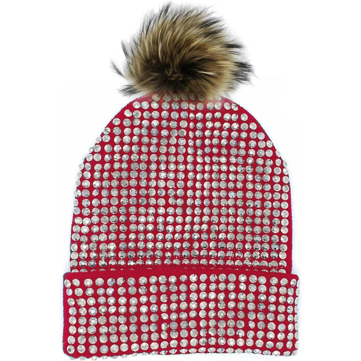 Studded Crystal Faux Fur Pom Pom Beanie