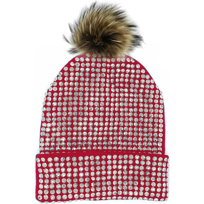 Studded Crystal Beanie With Unicorn Color Genuine Fur Pom