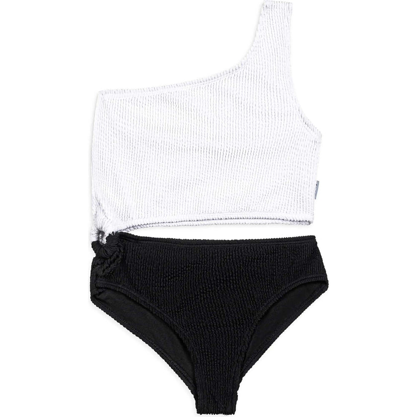 Dina Crinkle Side Cutout One Piece Swimsuit - Black and White Black White