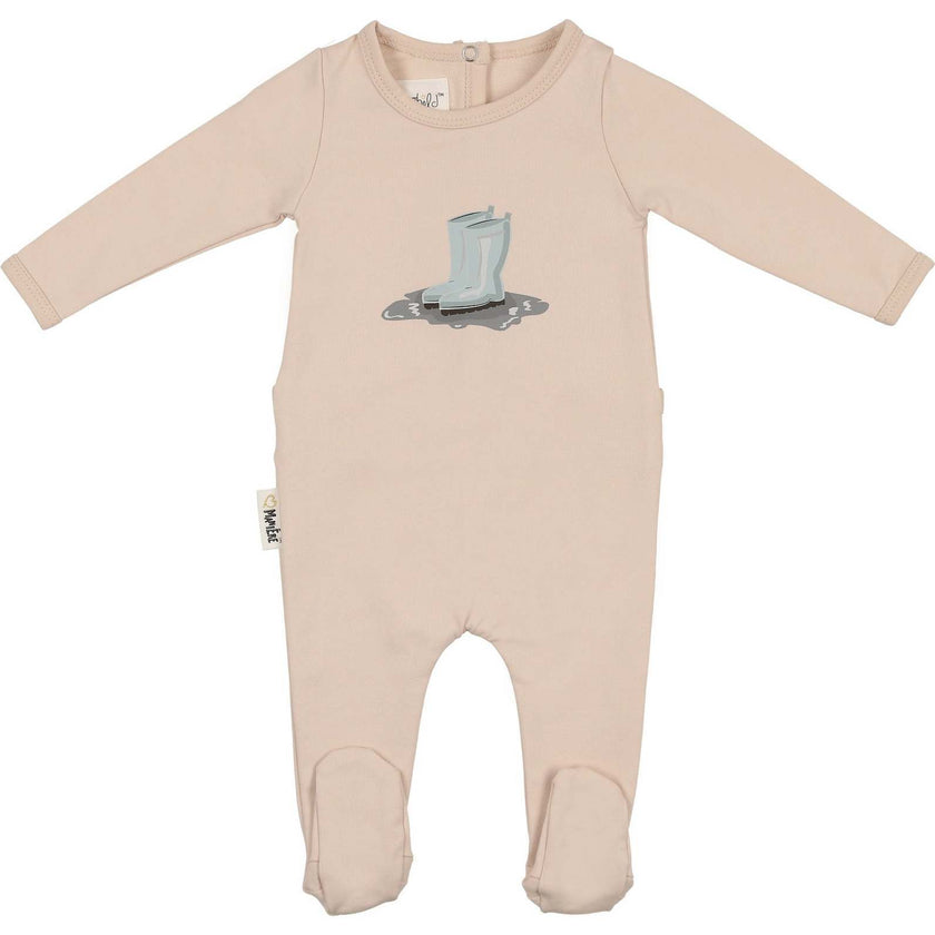 Rain Boot Print Footie and Beanie Set, Biscuit
