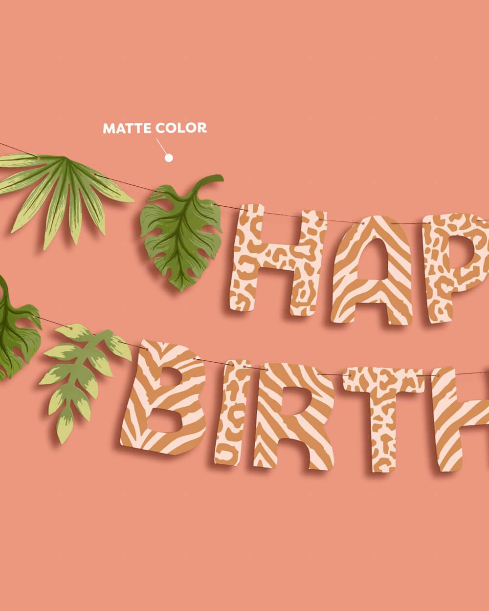 Safari Birthday Banner - animal print + leaf icons