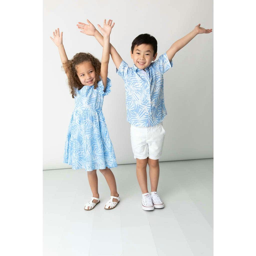 Tropical Palms Blue Summer Tier Dress