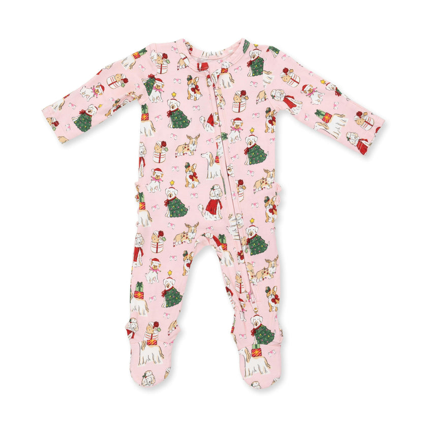 Christmas Dogs Pink - 2 Way Ruffle Back Zipper Footie