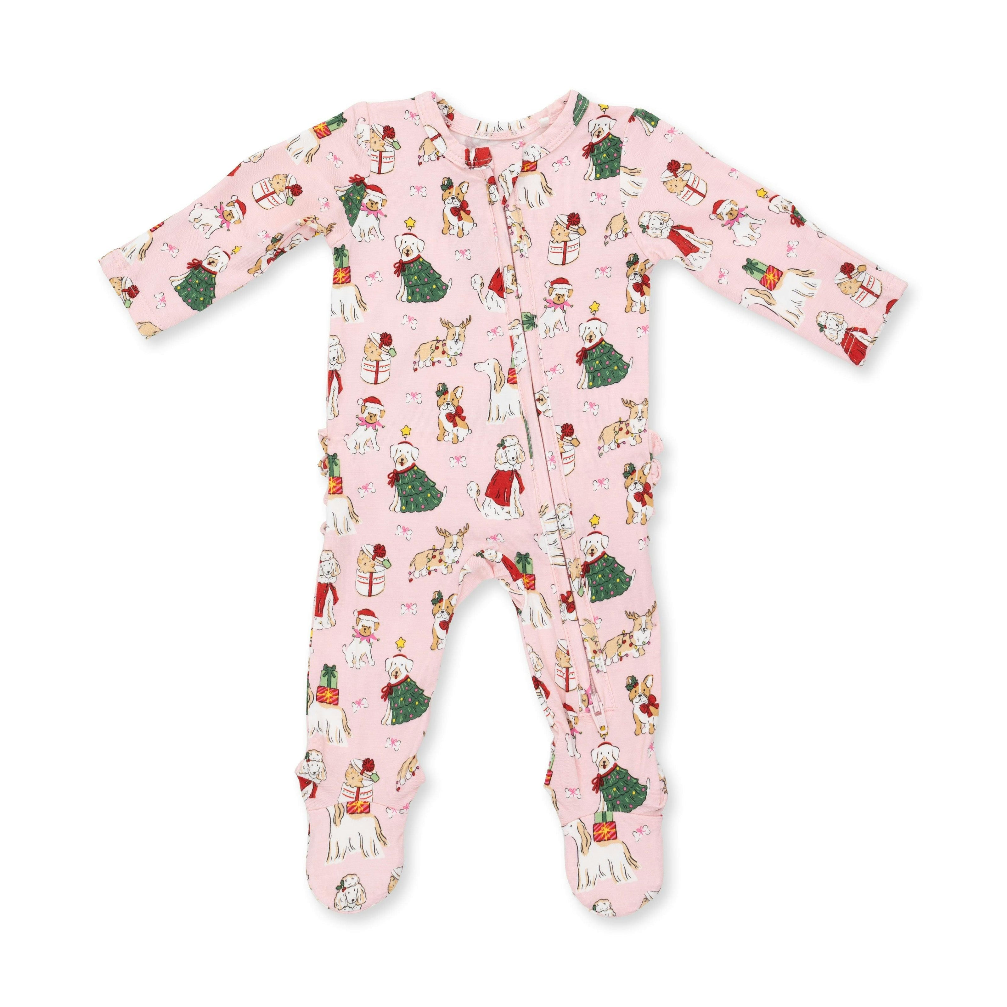 Christmas Dogs Pink - 2 Way Ruffle Back Zipper Footie