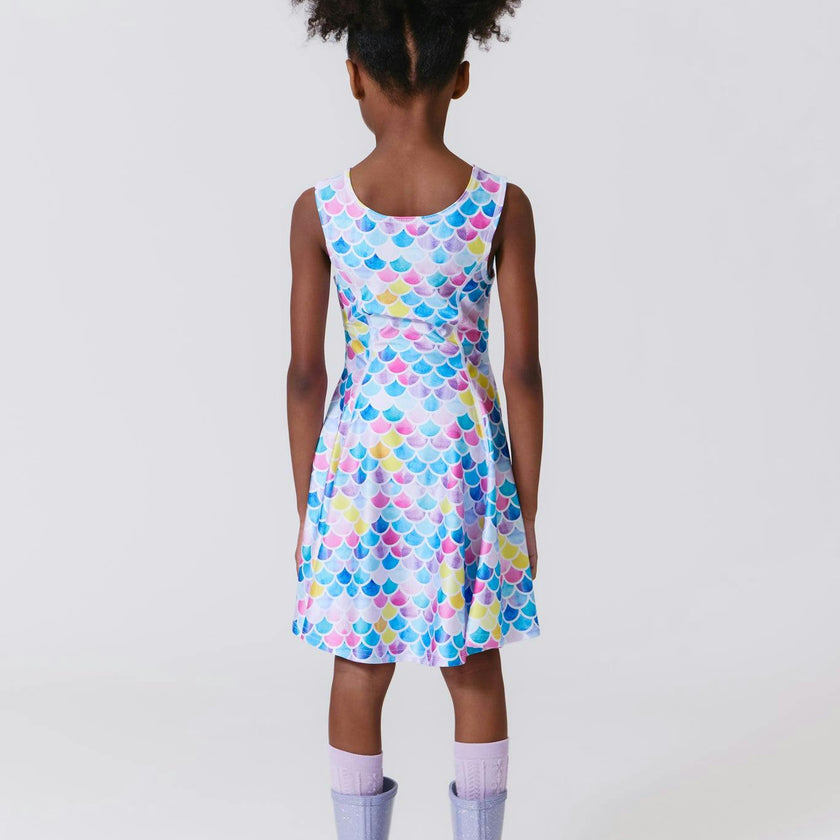Girls Hi-Shine Skater Dress in Watercolor Mermaid