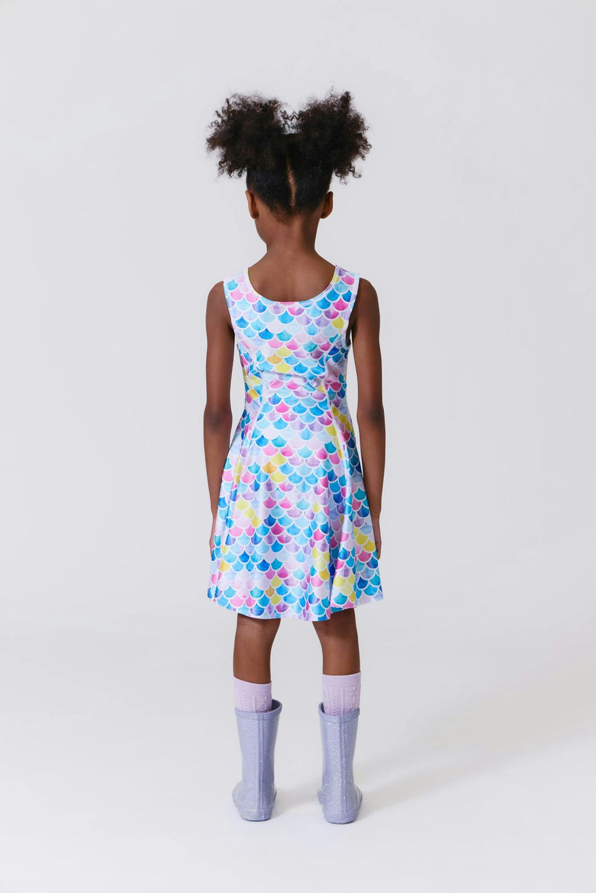 Girls Hi-Shine Skater Dress in Watercolor Mermaid