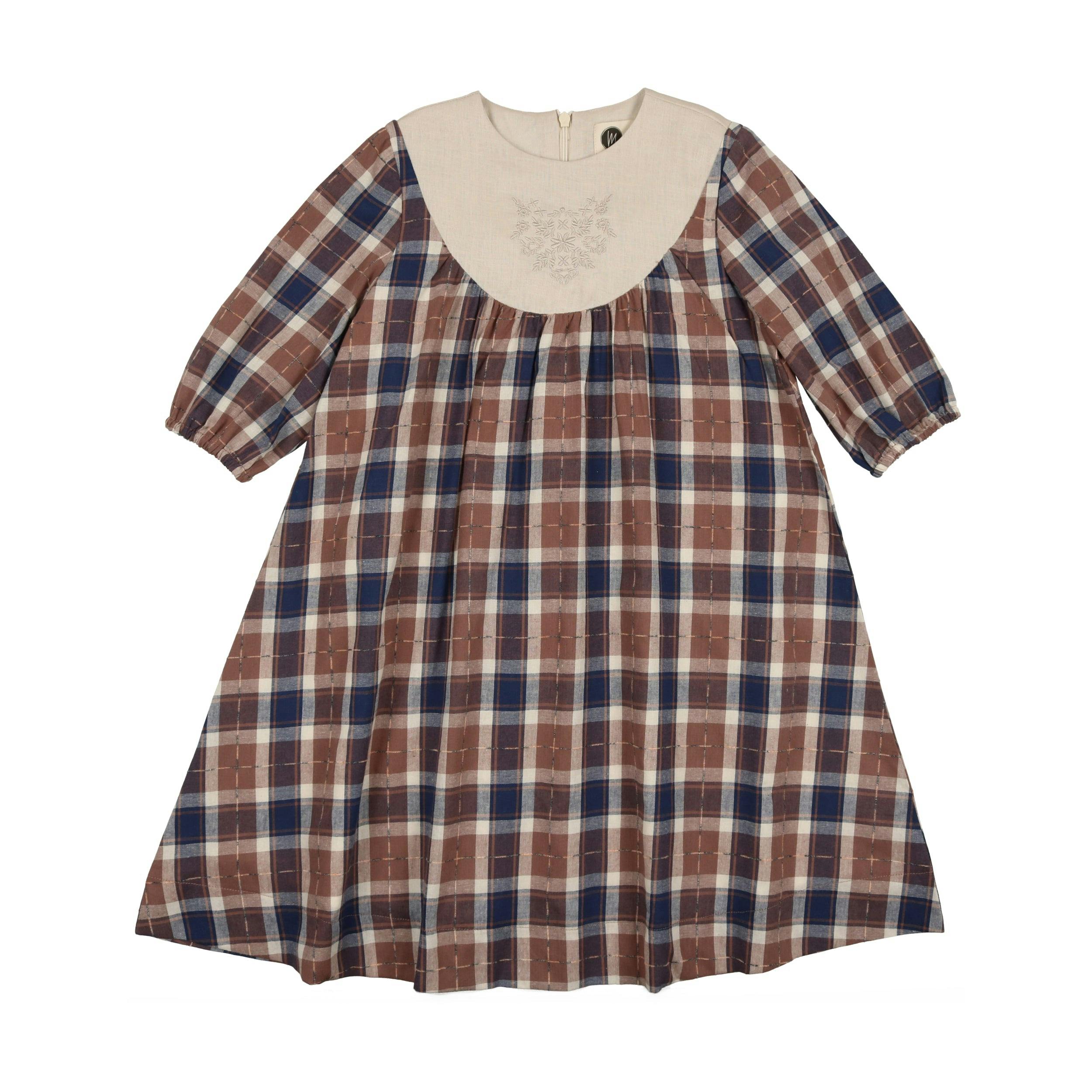 Embroidered Windowpane Long Sleeve Dress